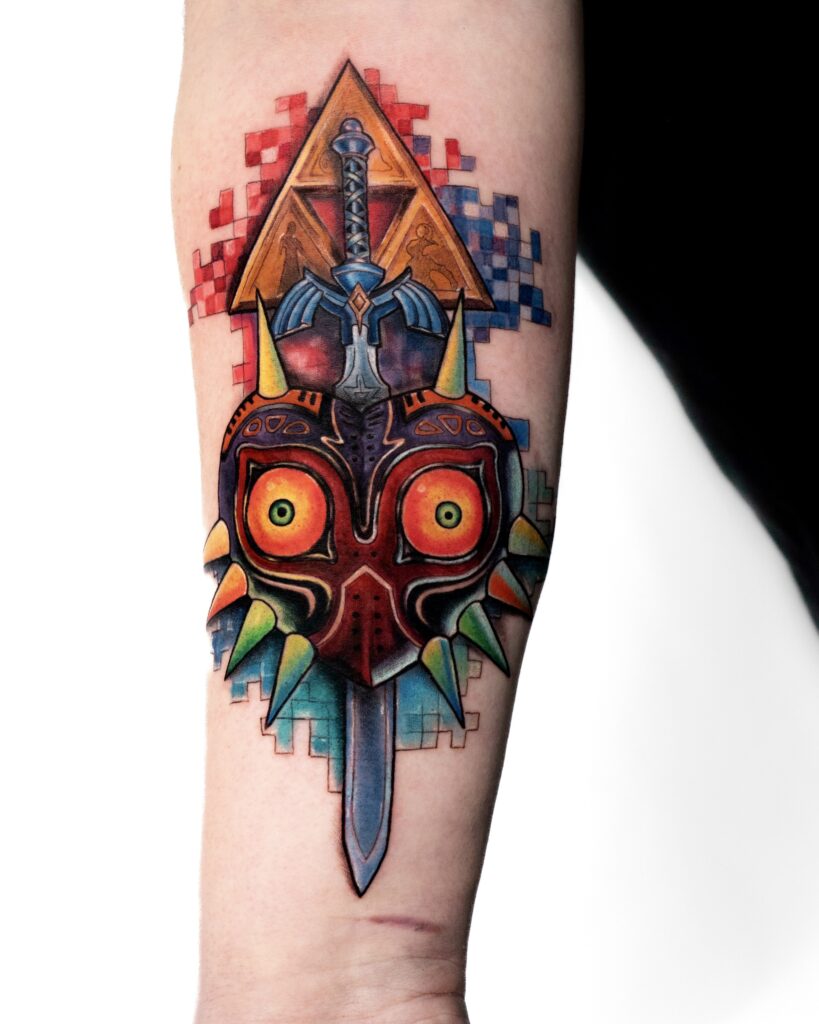 Vibrant tattoo of Majora's Mask