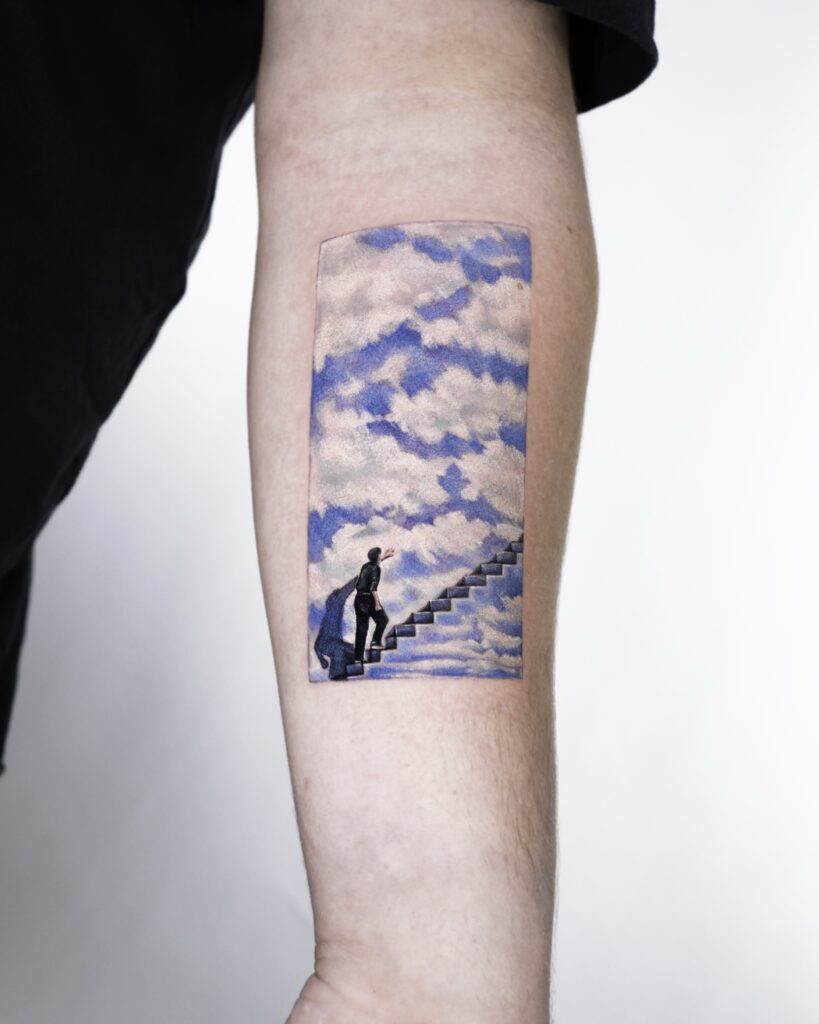 Man ascending stairs into clouds, a tattoo of the final scene from Truman Show