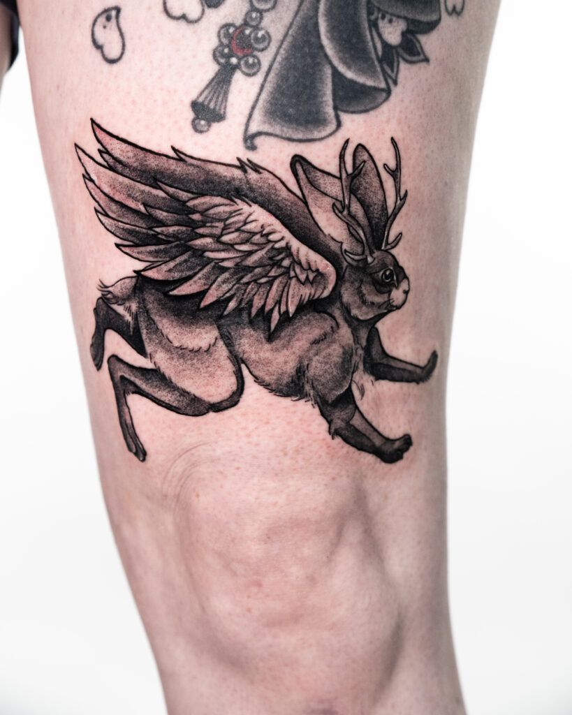 Blackwork Flying Rabbit Tattoo