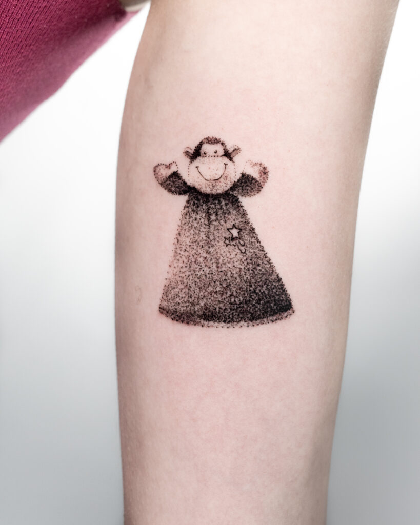 Blackwork Monkey Doll Tattoo, Dotwork Tattoo