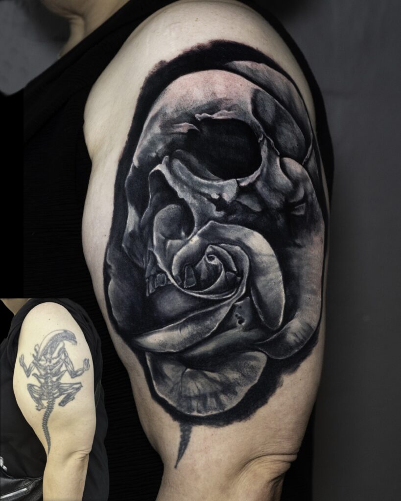 Coverup Blackwork Rose Tattoo