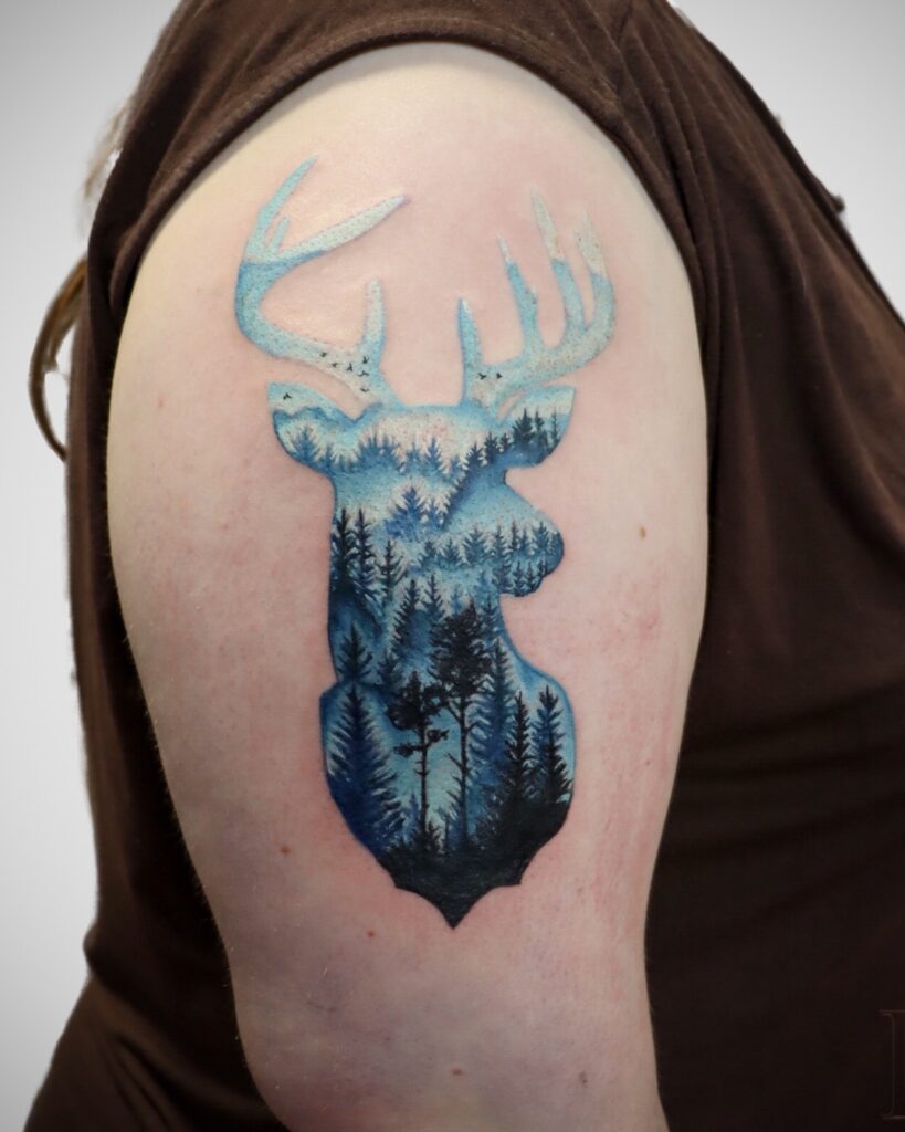 Color Reindeer Tattoo, Blue Reindeer Tattoo, Mountain View Tattoo