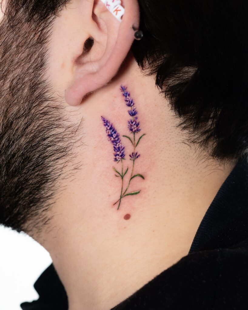 Lavender Tattoo on neck.