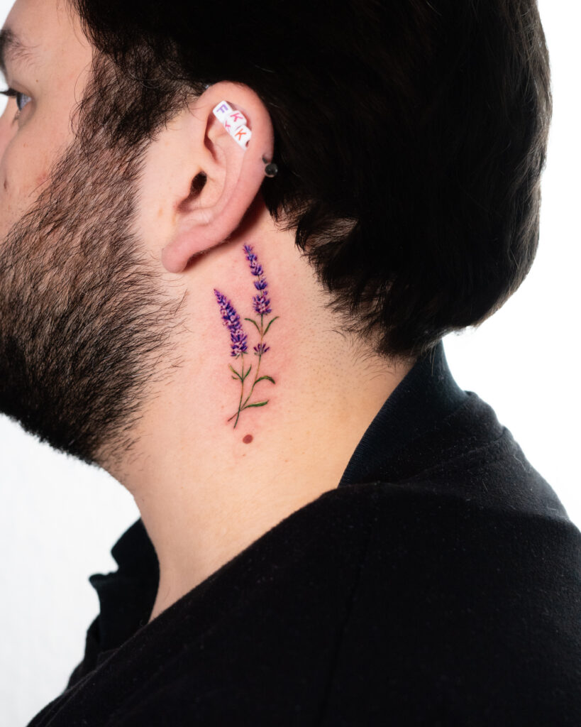 Microrealistic Lavender Tattoo on neck.